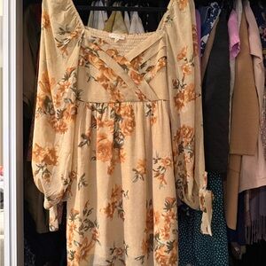 Promesa Floral Long Sleeve Dress in Cream and Orange